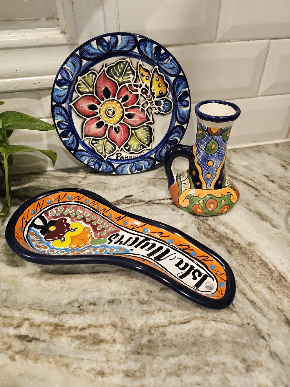 Hand-Painted Ceramic Mexican Talavera Spoon Rest & Decor Set - Multicolor